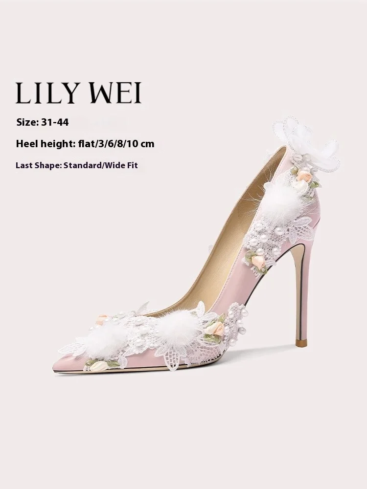 

Весенние новые туфли на шпильке с острым носком из мелкой кожи с жемчужным цветком, банкетные туфли большого размера, расширенные женские туфли на плоской подошве большого размера