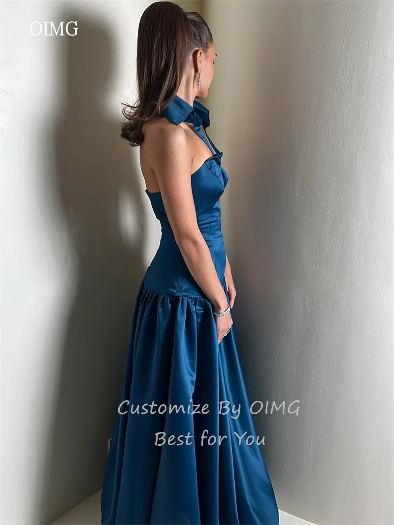 Oimg azul real halter uma linha vestidos de baile cetim sem costas vestido de festa até o chão vestido de noite vestidos de gala personalizado