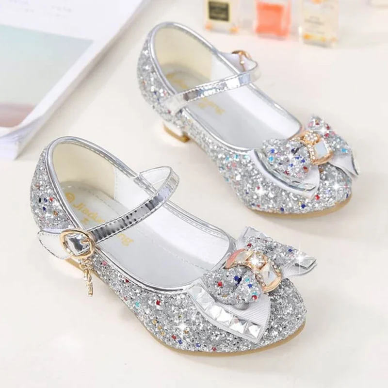 Children Girl Princess  Leather Shoes Kids Diamond Bowknot High Heel  Dance Glitter Shoes Fashion Girls Party Dance Shoe