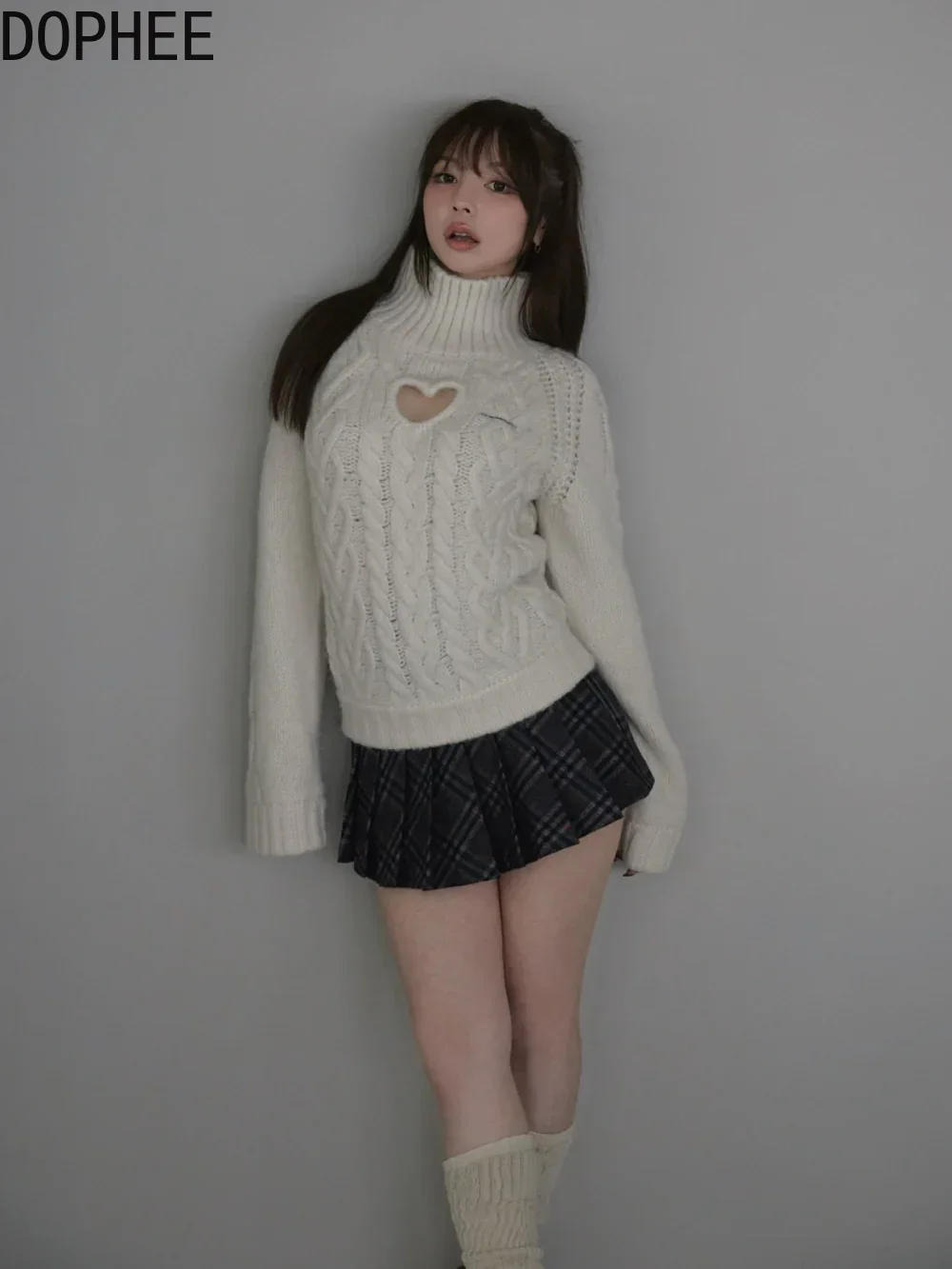 

Japanese Fashion Lady Autumn Winter High Collar Pullover Top All-match Knitted Jumpers Women Hollow Out Casual Knitting Sweaters