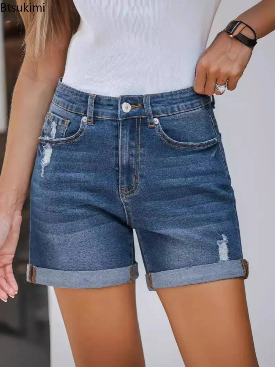 

2025 Women's Summer New Straight Leg Denim Shorts Solid Slim Fit Worn Rolled Edge Denim Shorts Fashion High Waist Tight Jeans