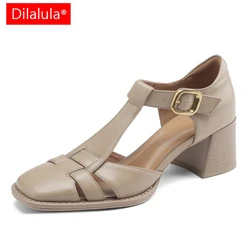 Dilalula 2025 New Fashion Classics Genuine Leather Sandals Woman Thick High Heels Sandals Office Ladies Dress Summer Shoes