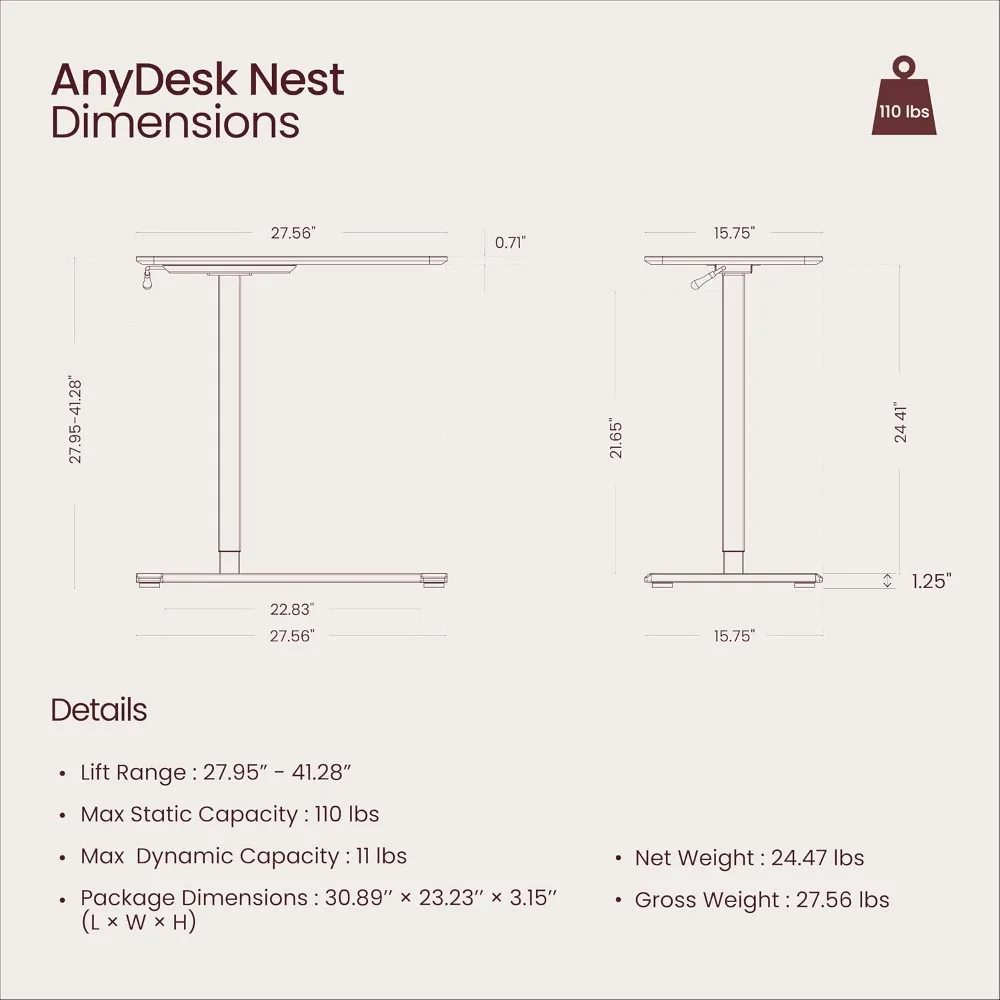 TopJob ANYDESK NEST Mobile Standing Desk, Portable with Hidden Wheels Non Folding, Sit Stand Desk, Computer Workstations, Home U