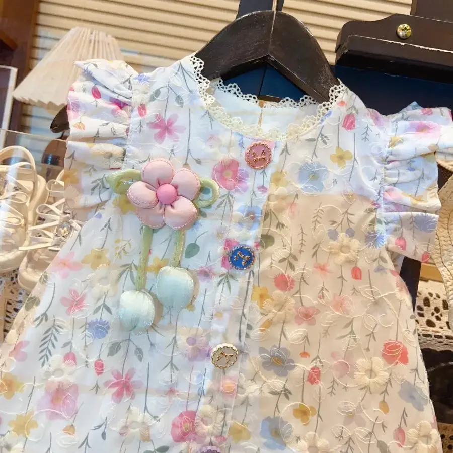 

2026 New Girls' Baby Lace Floral Mesh Dress Summer Fashion Children's Embroidered Flower Princess Dress