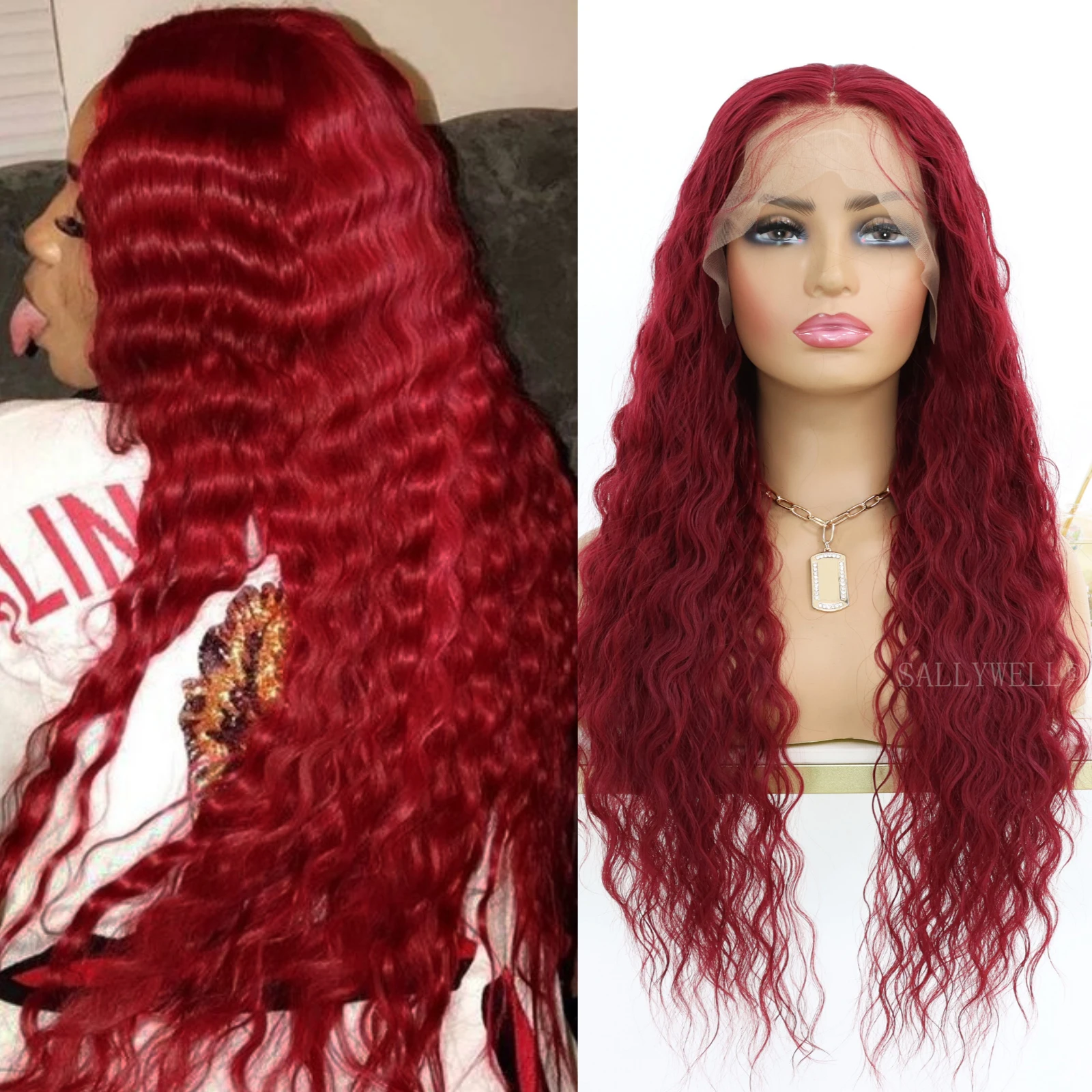 

Red Lace Front Wigs Long Curly Wavy Half Hand Tied Wine Red Wig Heat Resistant Synthetic 13x4 Lace Front Wigs For Women