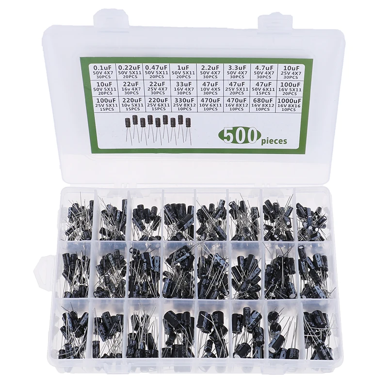 500Pcs 0.1-1000UF 24Values Aluminum Electrolytic Capacitors 16-50V Capacitor Kit