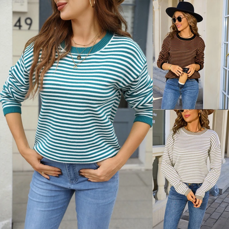 

Women Pullovers Sweaters Knitted Striped Round Neck Full Sleeve Jumpers Y2k Streetwear Elegant Splice Knit Slim Fit Work