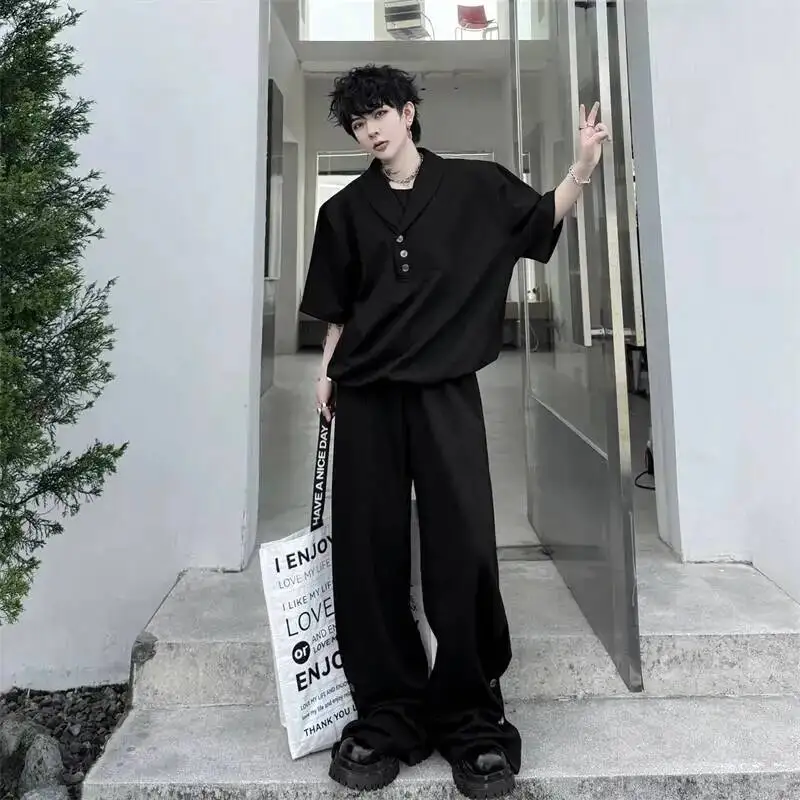 Grey New Summer Men's Two Pieces Set Turn Down Collar Fake Short Sleeve Sweatshirt And Casual Wide Leg Long Pants GPBW view 5