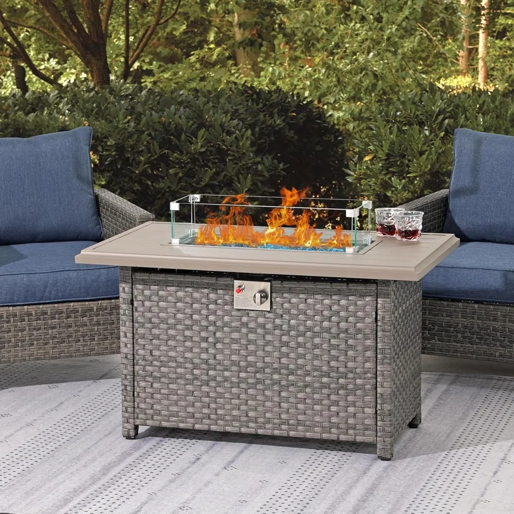 43 Inch Fire Pit Table with Aluminum Tabletop, Glass Wind Guard, Fire Glass, Lid, Cover, 50,000 BTU Rattan Propane Fire Pit