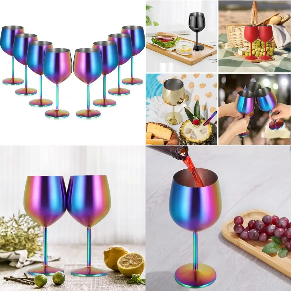 

Colorful 18oz Stainless Steel Wine Glasses Set, 8 Stemmed Metal Goblets with Cup, Vibrant Drinkware for Parties