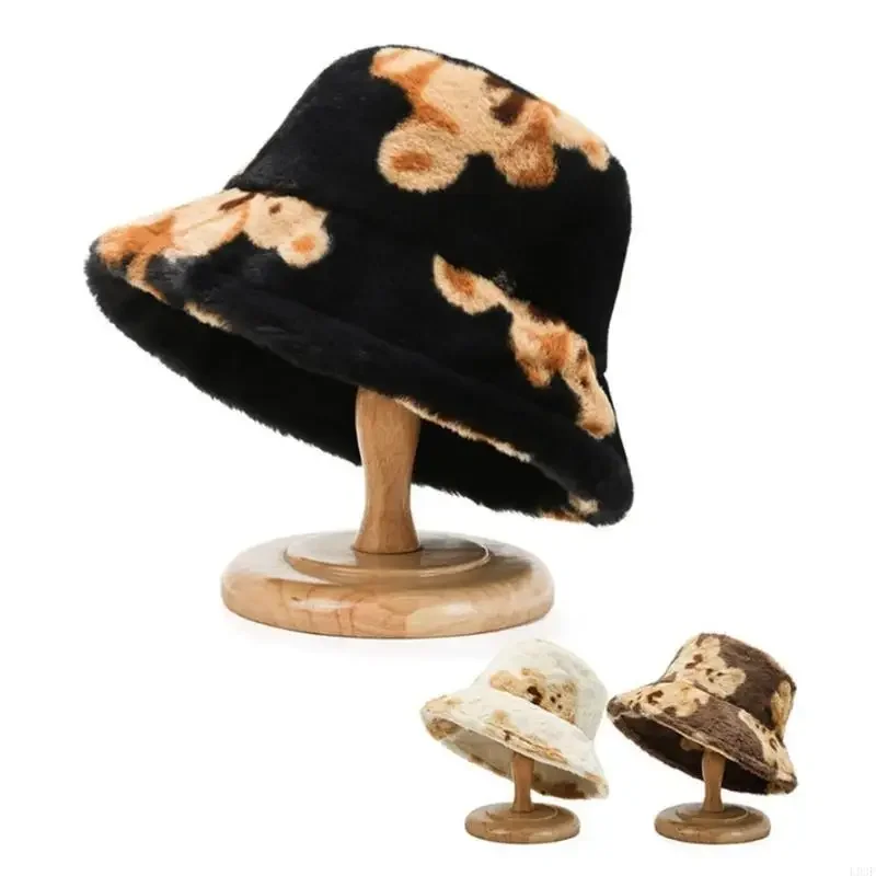 L93F Retro Plush Basin Hat Print Bear Fisherman Hat Autumn Winter Outdoor Trend