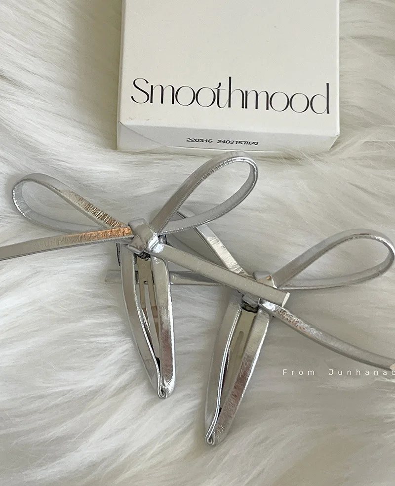 Korean Silver Leather Hairpin with Bow Knot Edge Clip Popular Duck Mouth Clip Elegant One Line Edge Clip Headwear