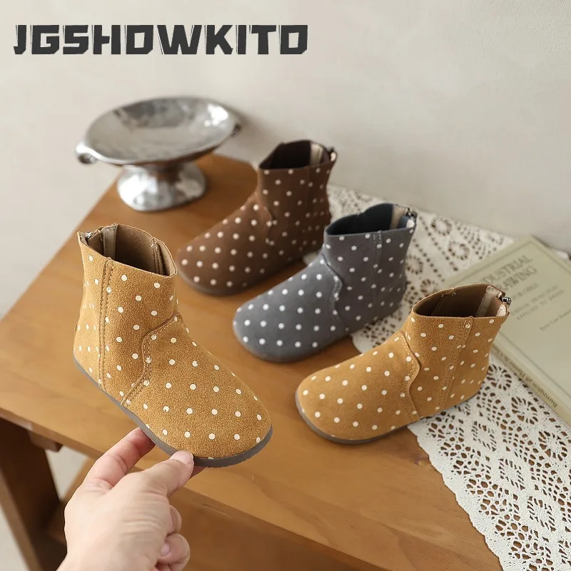 JGSHOWKITO Kids Short Boots Polka Dot Print Suede Little Girls Ankle Boots Round-toe Lightweight Outdoor Children Causal Boots