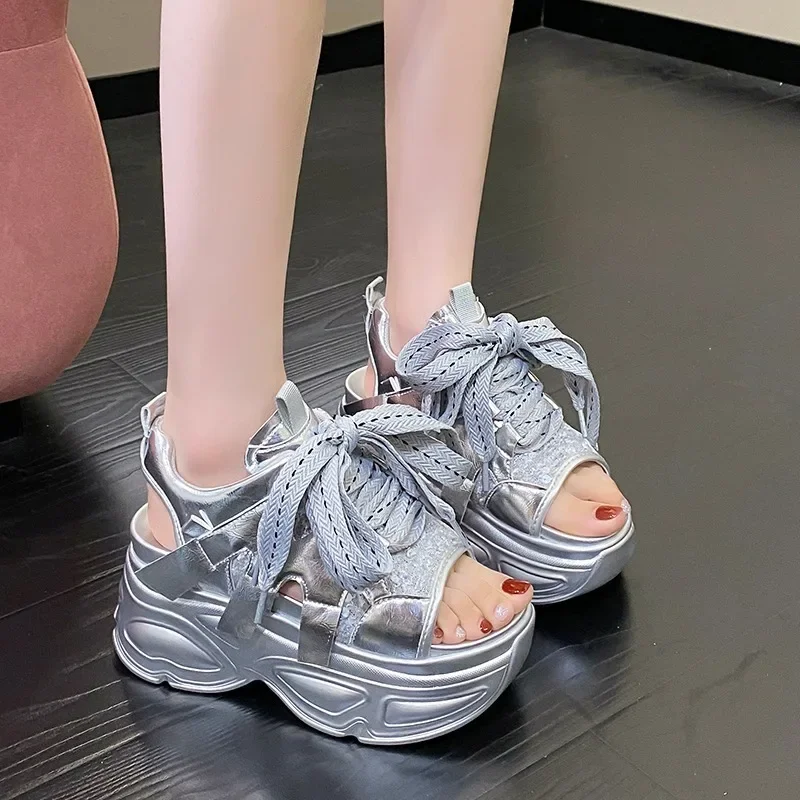 Women Chunky Platform Sandals Designers New Brand 2024 Summer Beach Casual Shoes Woman Lace Up Wedges 9CM Fashion Sandal Ladies2