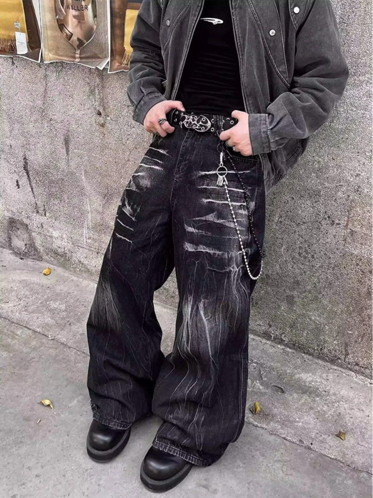 American High Street Vibe Black Lightning Pattern Men's Street Style Loose Wide Leg Floor-Length Jeans Casual Straight Cut