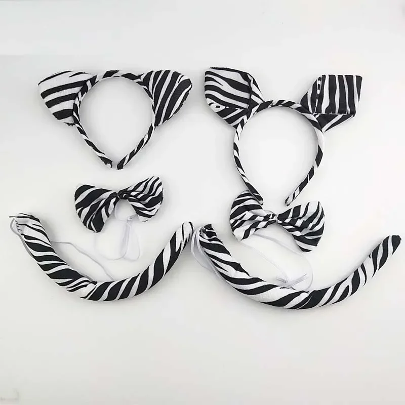 Adults Kids Plush Cartoon Animal Zebra Ear Headband Hairband Tail Bow Birthday Party Gift Cosplay Costume Christmas Halloween