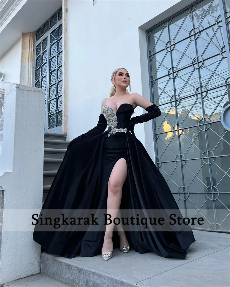 Elegant Black Evening Dresses With Two Gloves Sweetheart Side Split Crystals Red Carpet Show Wedding Prom Gowns Customized