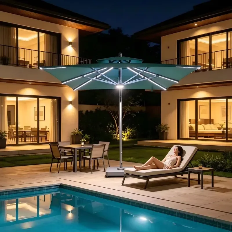 Double Tier Solar Cantilever Umbrella Solar Led Offset Patio Umbrella for Backyard Pool Side Outdoor Leisure