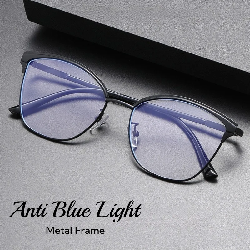 

New Trendy Cat Eye High-end Anti Blue Light Glasses Retro Metal Frame Business Office Fashionable Commuting Flat Mirror