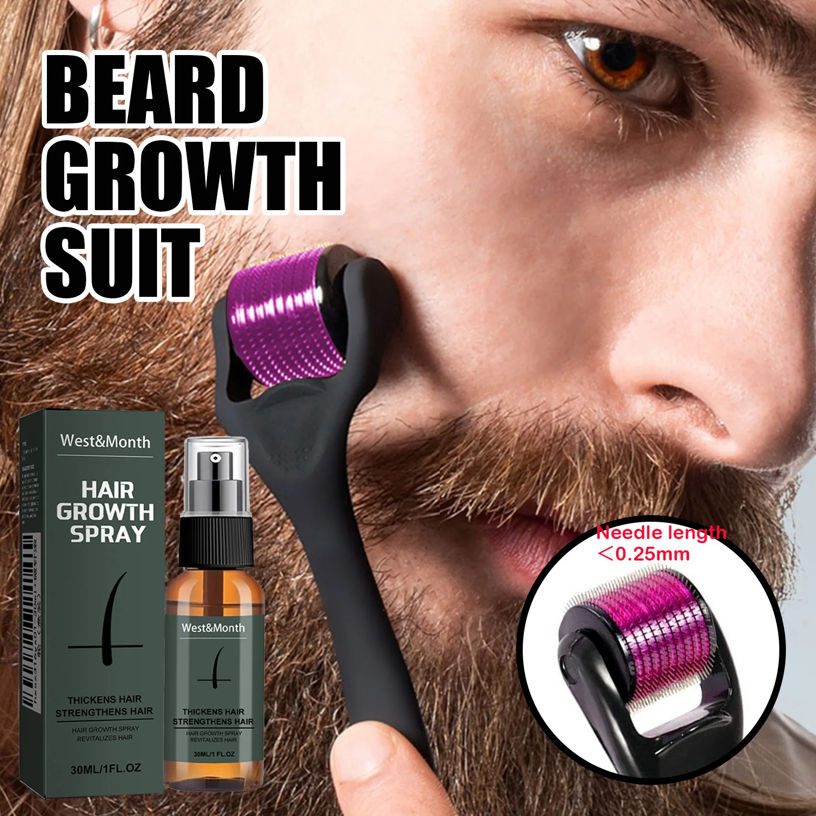 Men's Beard Spray Kit with Micro Roller 0.25mm Moisturizing Thicken Facial Hair Beard Boosting Essence Nourishing Spray Bear
