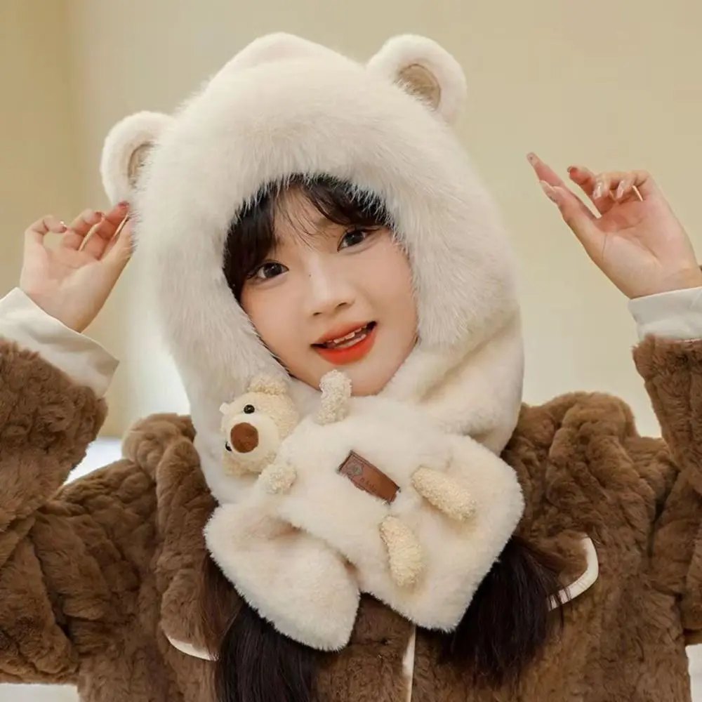 Cartoon Bear Children Integrated Hat Scarf Windproof Plush Kids Ear Protection Cap Winter Warm Soft Outdoor Ski Hood Beanies