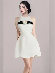 SMTHMA 2026 New Fashion Women's Temperament O-Neck Sleeveless Summer Dress Ladies Slim Waist Flower Mini Dresses