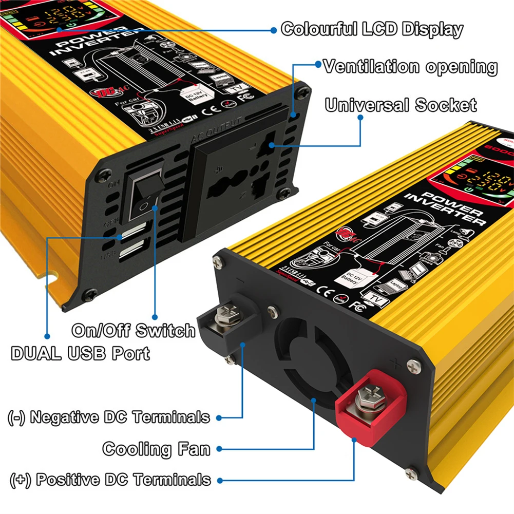 Inverter per auto da 6000W modificato Inverter intelligente per veicoli a onda sinusoidale Dual USB Digital Power Inverter DC 12V a AC 110V 220V