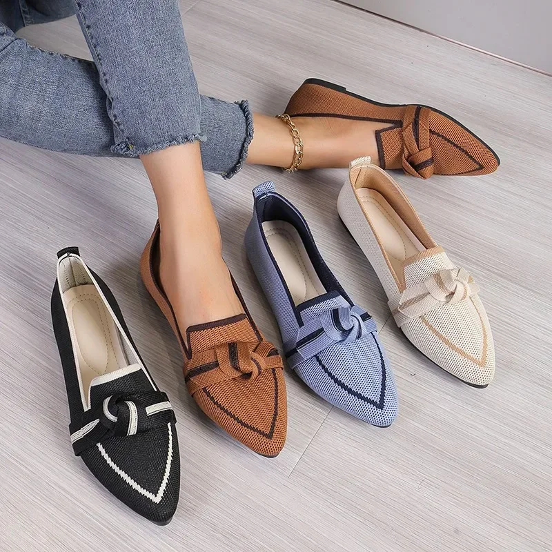 Women's Shoes Loafers Ballet Flats Pointed Toe Barefoot Slip-on Casual Low Heel Ladies BowtieColour Blocking Mesh Single Shoes