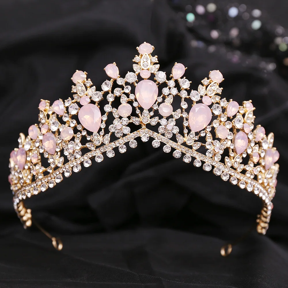 Luxury Forest Pink Blue Opal Crystal Bridal Tiaras Royal Queen Crown Rhinestone Pageant Diadem Wedding Hair Costume Accessories