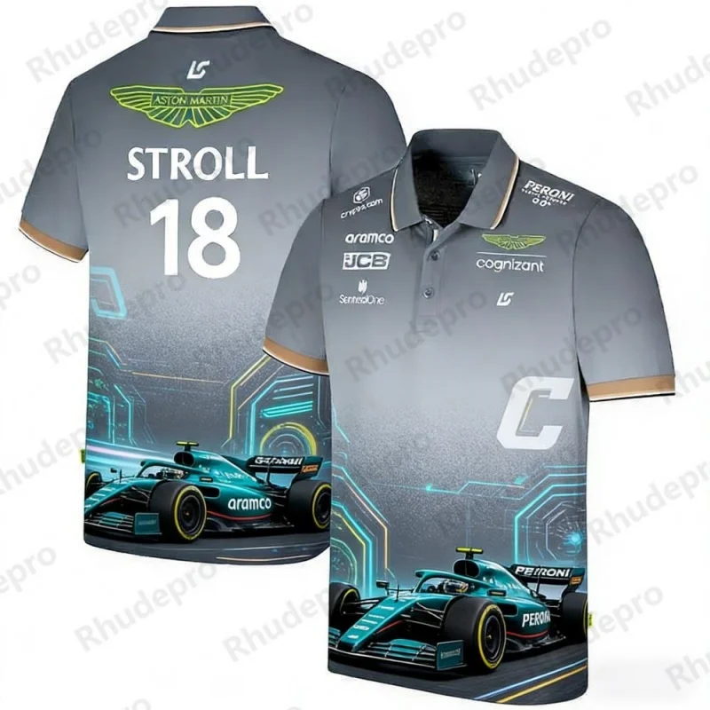 アストンマーティン-チーム-ストロール-18-レーシングテーマ-半袖ポロシャツ-f1-ファン向け-スポーツ-カジュアル-トップス-通気性