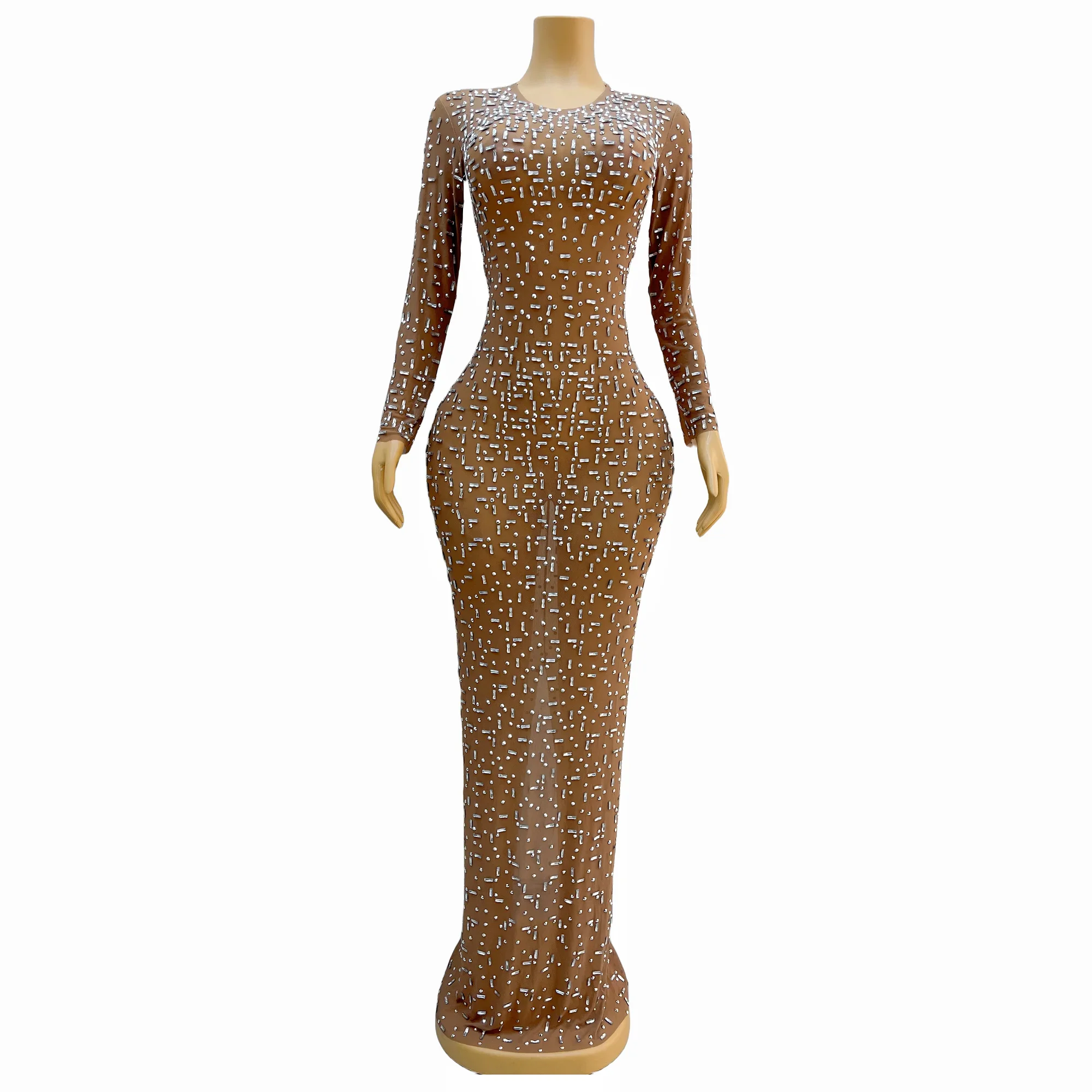 

Shining Silver Rhinestones Nude Mesh Transparent Long Sleeves Dress Birthday Celebrate Sexy Prom See Through Outfit