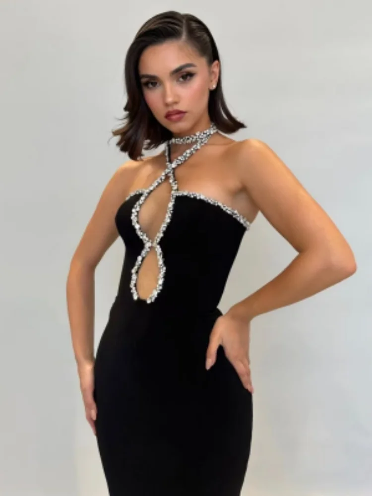 Colore nero donne Sexy Halter Off the Shoulder Crystal Bodycon Long Bandage Dress Celebrate Evening Party Birthday Dress