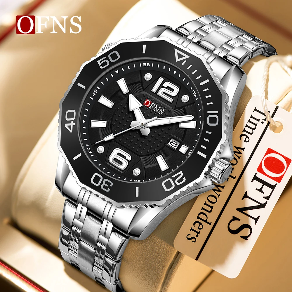 OFNS 1625 Casual Men's Quartz Wristwatch Calendar Luminous Waterproof Steel Strap Fashion Sports Watches for Man