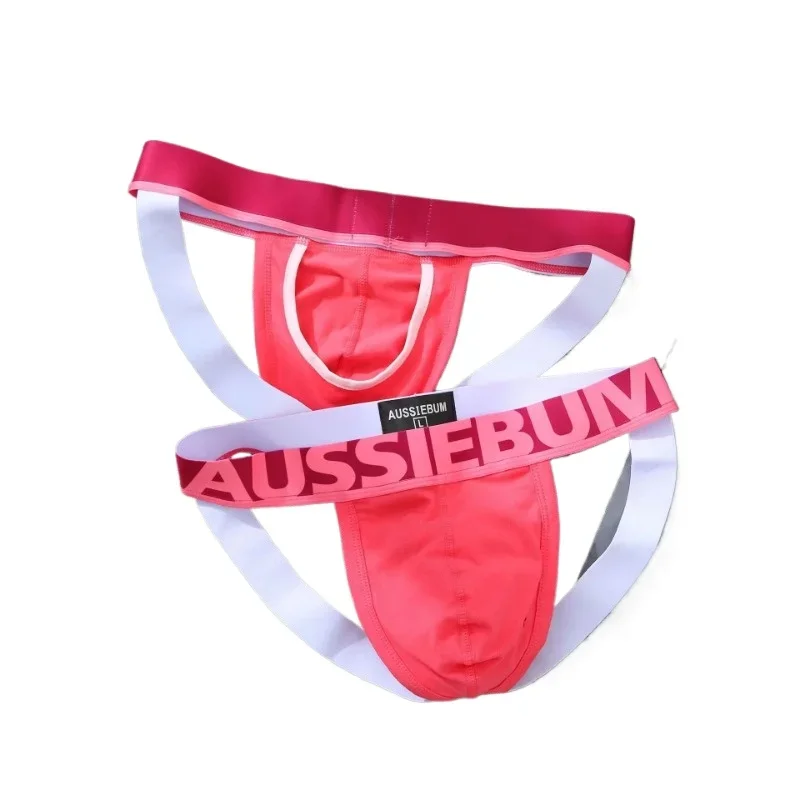 New men\'s low rise double thong pure cotton seamless butt lift U convex sex thong AUSSIEBUM