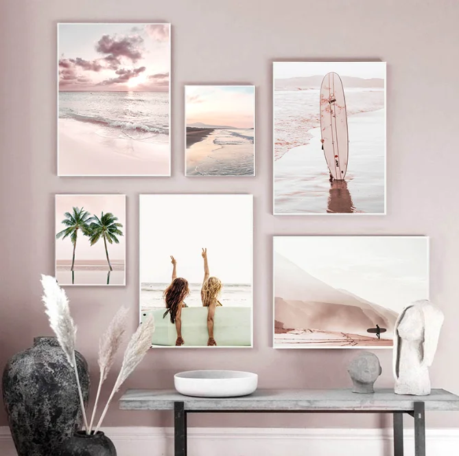 Blonde Girl Surfers Poster Surfboards on Beach Waves Canvas Prints Coconut Tree Dessert Painting Wall Art Picture Decor Sea View