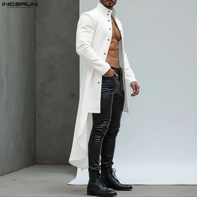 

INCERUN Men Long Style Shirt Solid Stand Collar Long Sleeve Male Irregular Shirts Steeetwear Loose Fashion Casual Tops Camisas