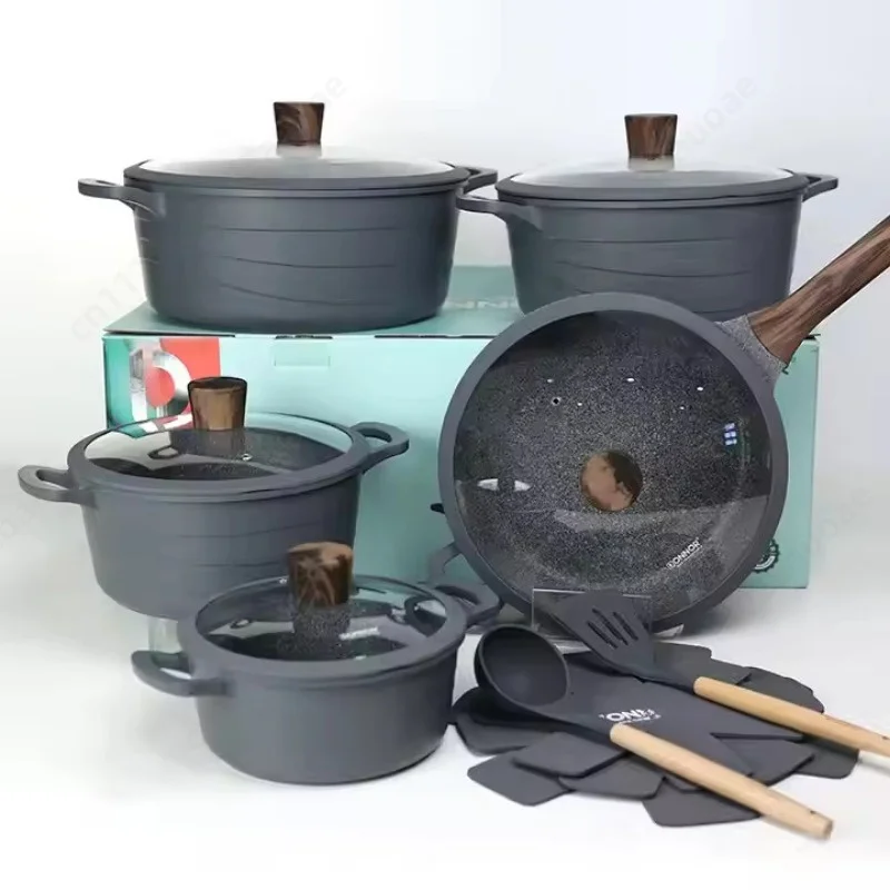 15 Piece Wave Pattern Cookware Set Nonstick Marble Coating Stock Pot Deep Frying Pan For Household Kitchen Cooking