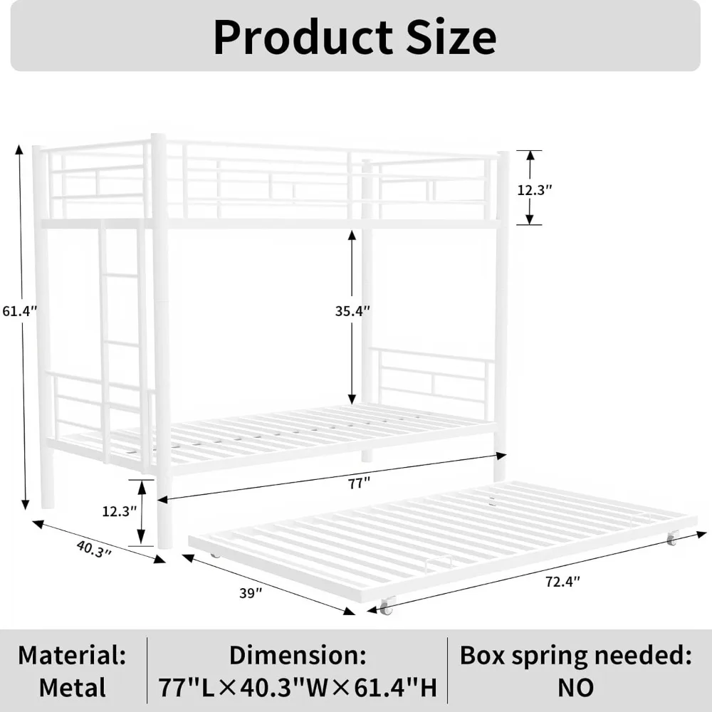 Twin Over Twin Metal Bunk Bed with Trundle, Heavy Duty Sturdy Beds Frame with Side Ladder, Convertible Bunkbed Safety Guardrails