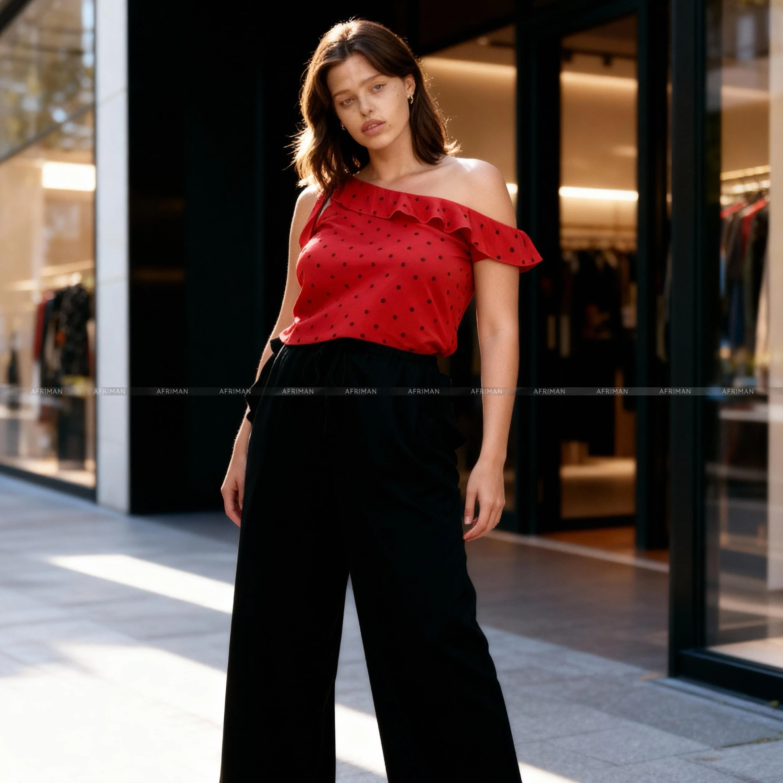 

Women Red Dot Print Slanted Shoulder Lotus Leaf Edge Strapless Silk Vest Top