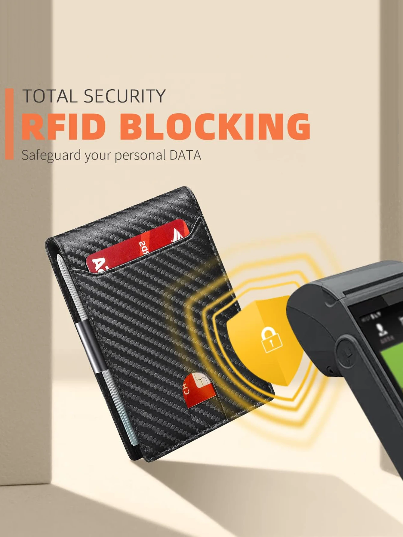 RFID-blockierende Kohlefaser-Geldbörse – ultraschlankes, zweifach faltbares Kreditkartenetui mit Ausweisfenster, tragbarer Geldklammer für die Vordertasche – Detail 1