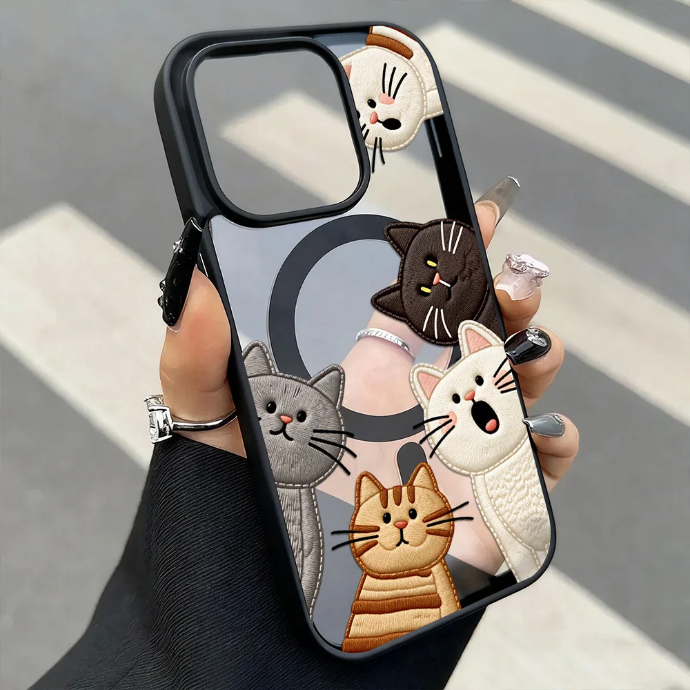 Cute Faux Embroidery Cat Phone Case For iPhone 15 16 12 14 11 17 13 Pro Max Air With Lanyard Wireless Charging Protective Cover view 6