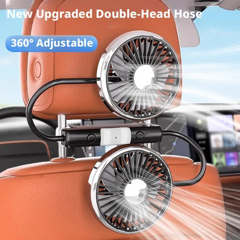 Adjustable Dual Head Cooling Fan USB Portable Fan with Independent Switch, 3 Speed 360° Car Headrest Fan for Home & Rear Seat