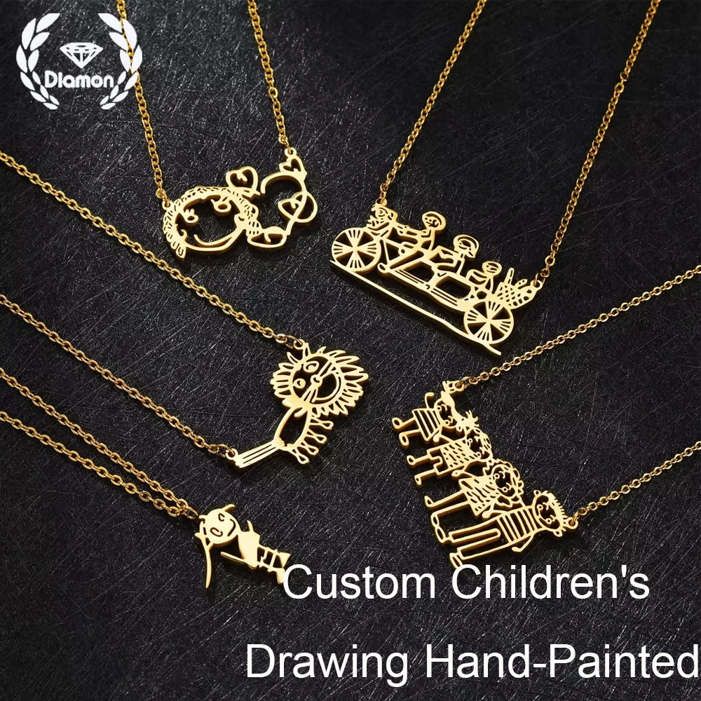 Diamon Custom Children's Drawing Hand-Painted Necklace Bracelet Keychain Stainless Steel Kids Family for Woman Baby Jewelry Gift view 3