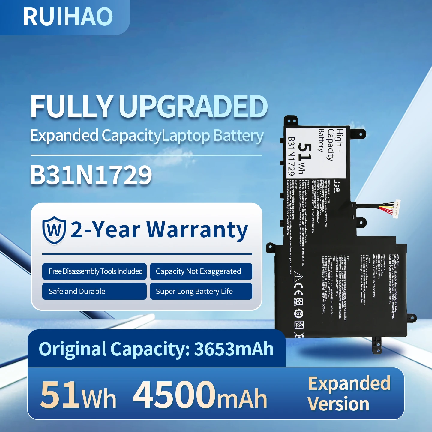 Batería para portátil B31N1729 11,55 V 51Wh para ASUS VivoBook S15 S530 S530F S530FA S530FN S530UA S530UF X530FN X530FN-1A S5300UN