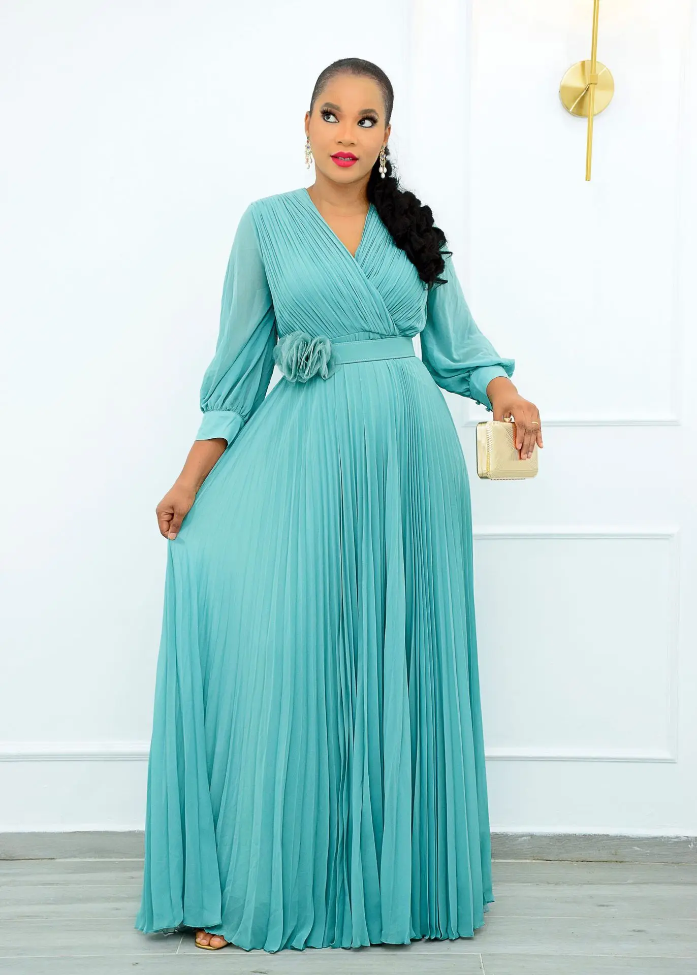 

Long Dress Women Dresses Pleated V Neck Full Sleeve Casual Elegant Splice Vestidos Solid High Waist Loose Summer A Line