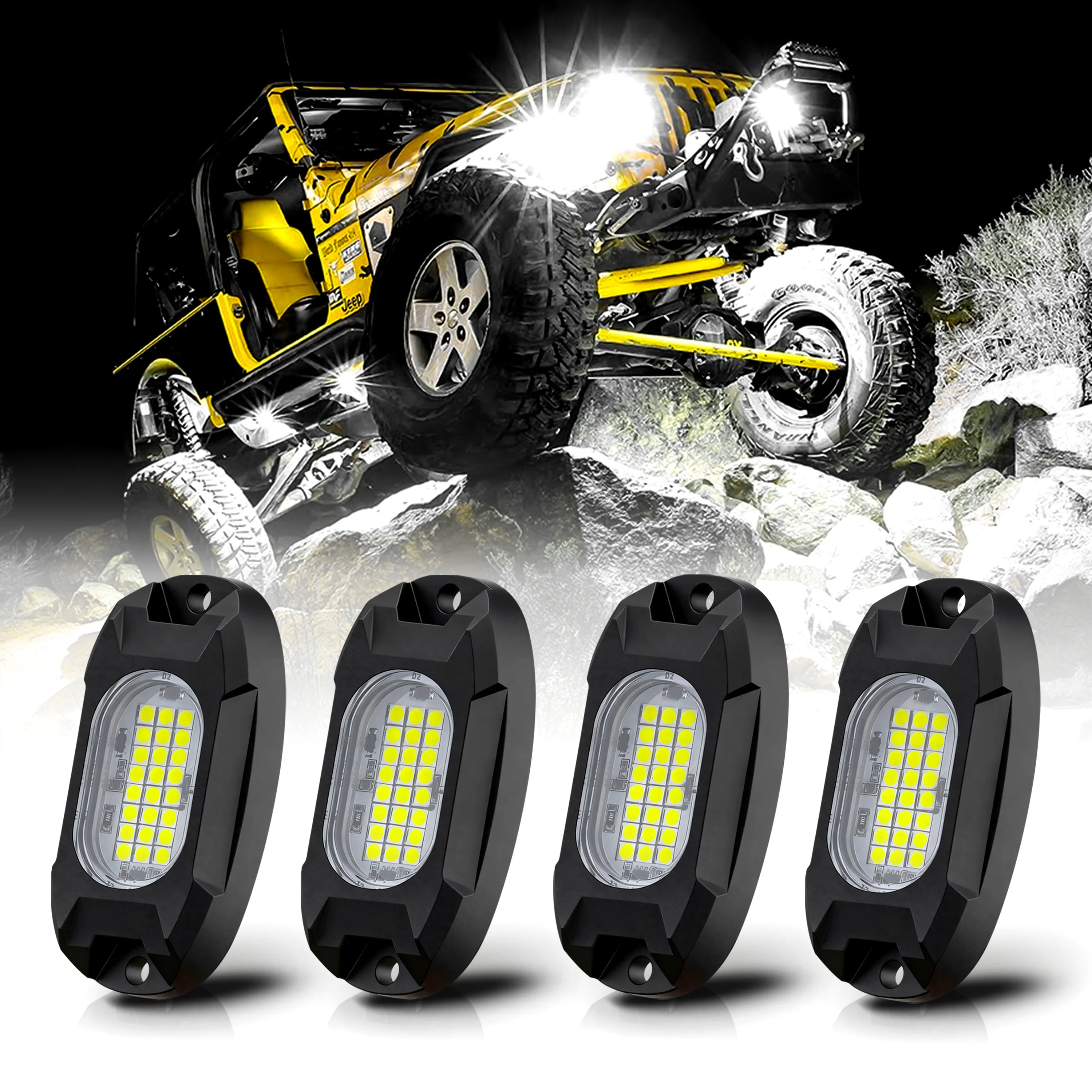 R6 White Rock Lights 4PCS Super Bright Pure White LED Rock Lights for Off-Road, Atvs, Utvs, Boats,Yachts,Waterproof Shockproof
