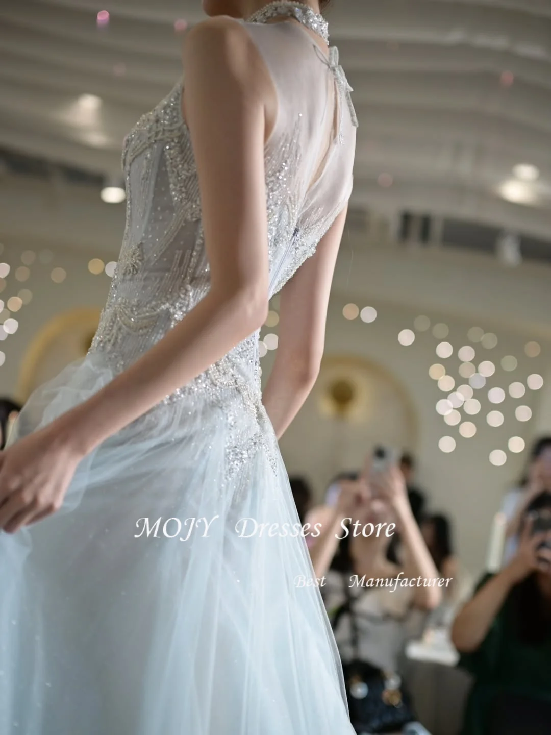 فستان موجي فاخر على شكل قلب سباركلي لحفلات الزفاف كوريا لالتقاط الصور بدون أكمام بطول الأرض مشد فستان سهرة مخصص