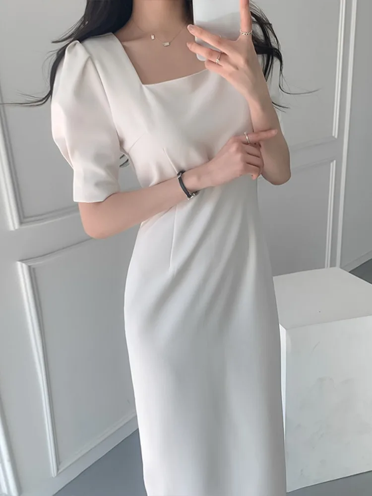 

Chic Slimming Square Ne Pleated Waist Mid-Length Slit Bubble Sve Bodycon Dr Women Commute Sle ort Sve round Ne