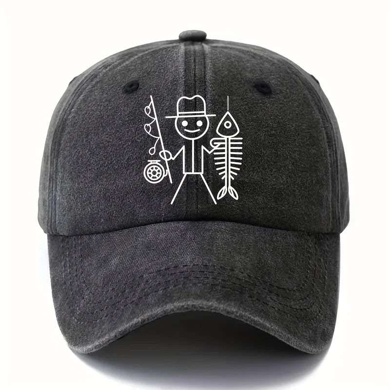 Printed cartoon man fishing baseball cap, outdoor curved brim cap, truck driver cap, vacation travel camping