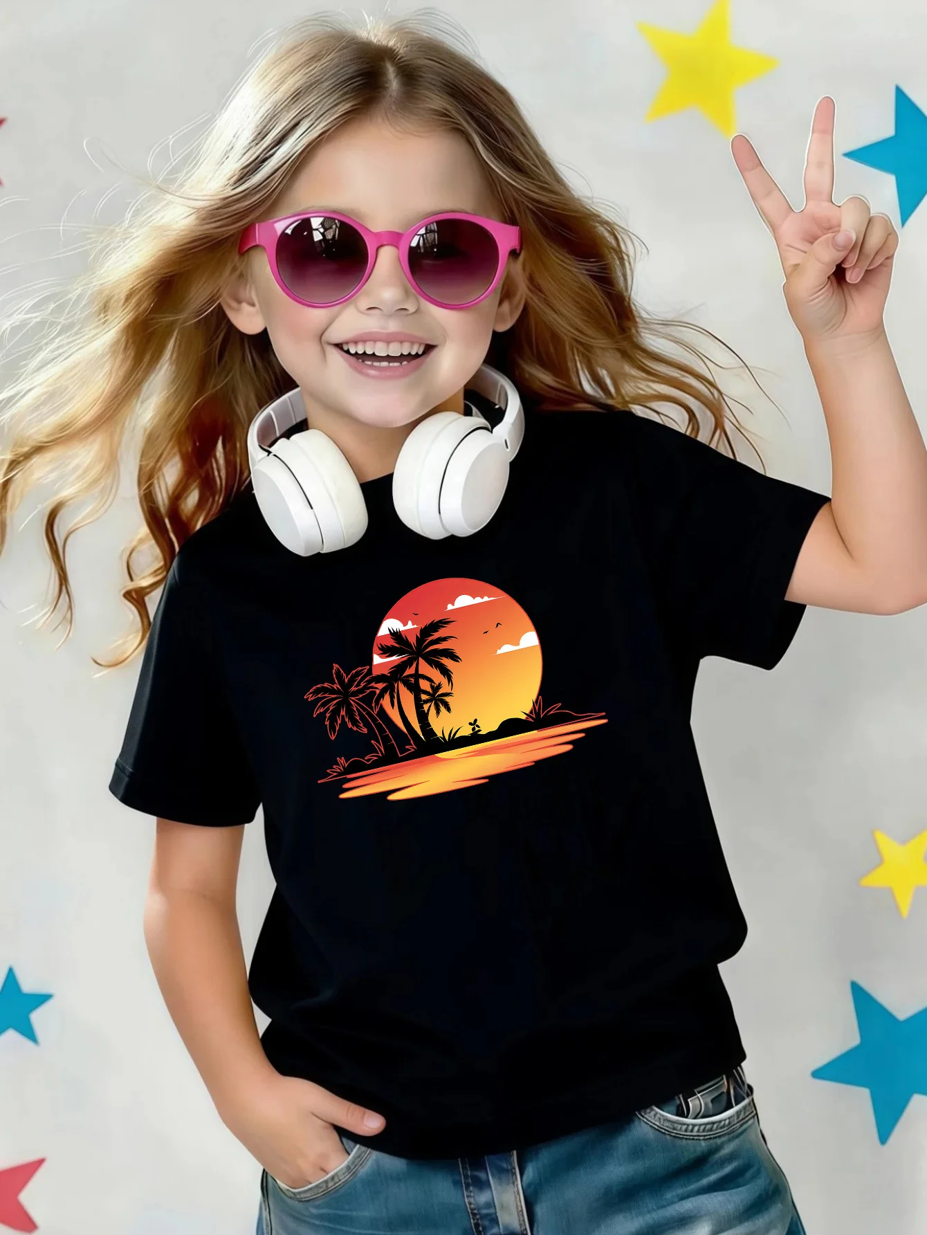 Retro Sunset Coconut Tree Seaside Scenery Print Kids T Shirt Boy Girls Cotton Short Sleeve Parent Child Holiday Casual Basic Tee